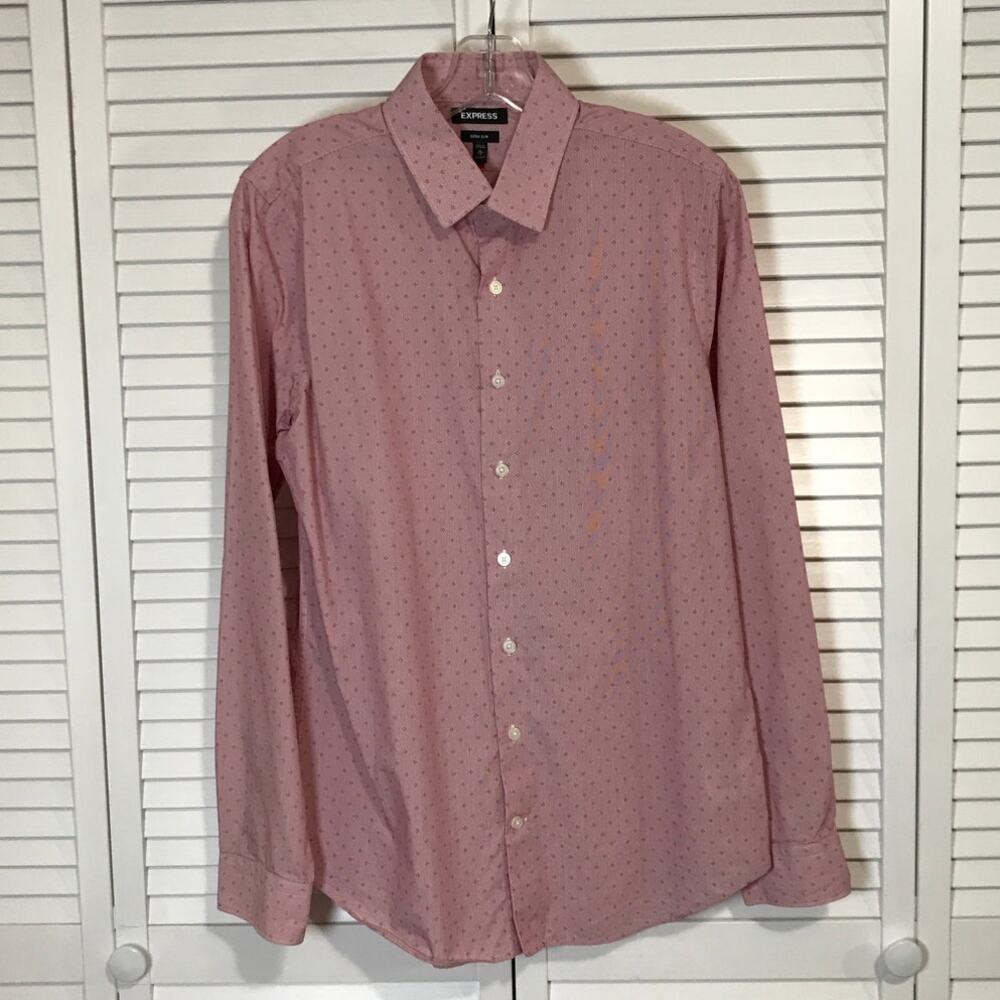 Express Retro Preppy Dusty Rose Polka Dot Collared Extra Slim Dress Shirt Men M